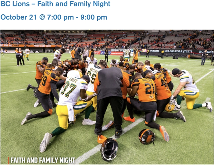 Photo of BC Lions kneeling on the field for <i>Faith and Family Night</i>